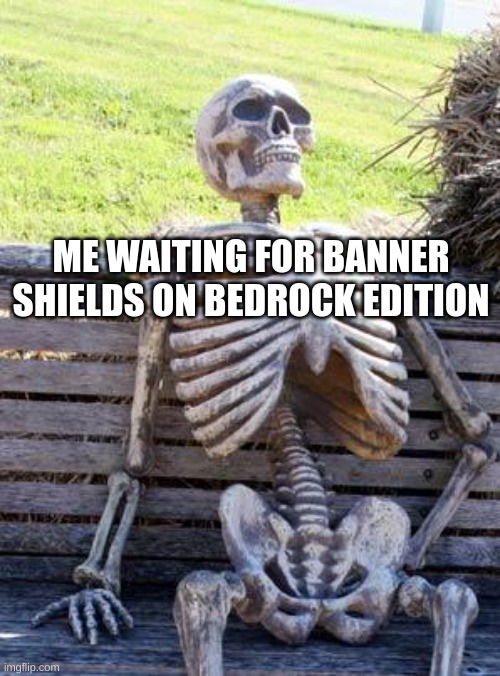 Waiting Skeleton |  ME WAITING FOR BANNER SHIELDS ON BEDROCK EDITION | image tagged in memes,waiting skeleton | made w/ Imgflip meme maker