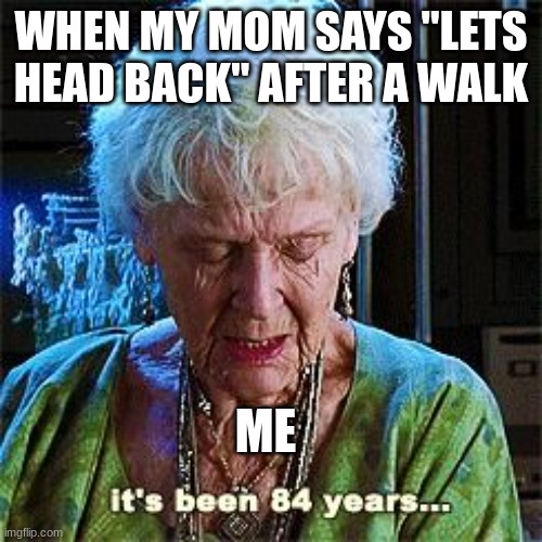 long walk | WHEN MY MOM SAYS "LETS HEAD BACK" AFTER A WALK; ME | image tagged in it's been 84 years | made w/ Imgflip meme maker