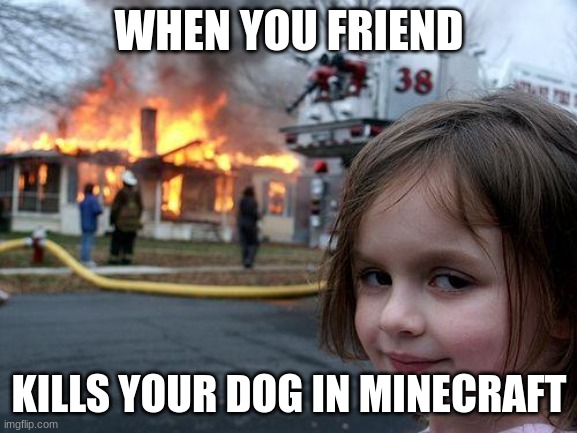 minecraft | WHEN YOU FRIEND; KILLS YOUR DOG IN MINECRAFT | image tagged in memes,disaster girl | made w/ Imgflip meme maker