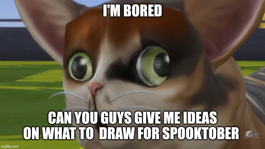 Bored | I'M BORED; CAN YOU GUYS GIVE ME IDEAS ON WHAT TO  DRAW FOR SPOOKTOBER | image tagged in spleens the cat | made w/ Imgflip meme maker