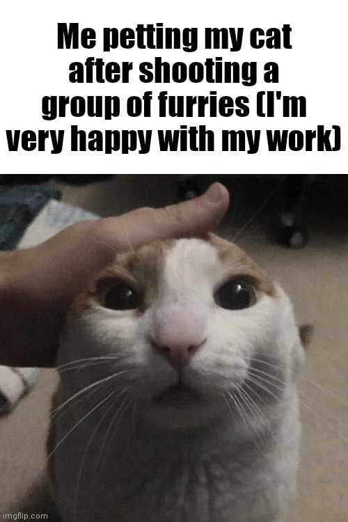 :) | Me petting my cat after shooting a group of furries (I'm very happy with my work) | image tagged in me petting my cat,cats,cat | made w/ Imgflip meme maker
