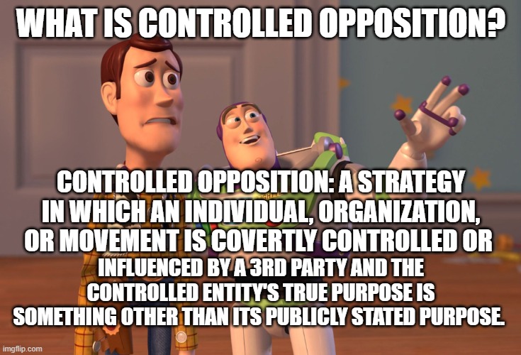 They make you think you're supporting the right cause, but you're not | WHAT IS CONTROLLED OPPOSITION? CONTROLLED OPPOSITION: A STRATEGY IN WHICH AN INDIVIDUAL, ORGANIZATION, OR MOVEMENT IS COVERTLY CONTROLLED OR; INFLUENCED BY A 3RD PARTY AND THE CONTROLLED ENTITY'S TRUE PURPOSE IS SOMETHING OTHER THAN ITS PUBLICLY STATED PURPOSE. | image tagged in memes,x x everywhere | made w/ Imgflip meme maker
