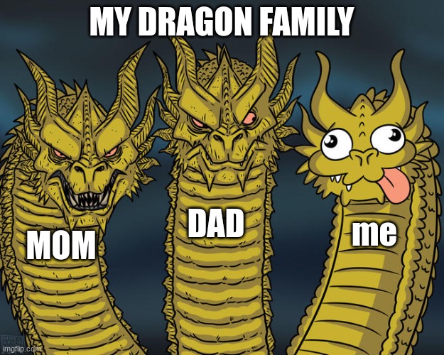 Three-headed Dragon | MY DRAGON FAMILY; DAD; me; MOM | image tagged in three-headed dragon | made w/ Imgflip meme maker