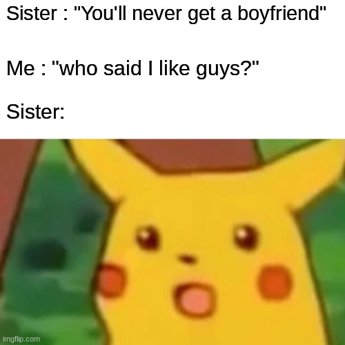 Surprised Pikachu | Sister : "You'll never get a boyfriend"; Me : "who said I like guys?"; Sister: | image tagged in memes,surprised pikachu | made w/ Imgflip meme maker