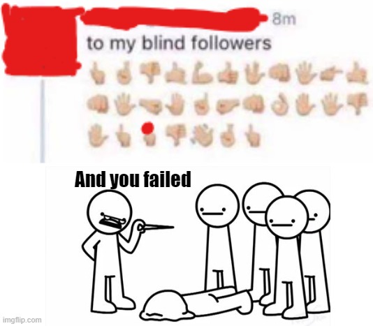 ? | And you failed | image tagged in sign language,blind,asdfmovie | made w/ Imgflip meme maker