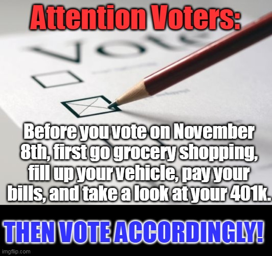 The Democrat record is indefensible.  Vote. Them. All. Out. |  Attention Voters:; Before you vote on November 8th, first go grocery shopping, fill up your vehicle, pay your bills, and take a look at your 401k. THEN VOTE ACCORDINGLY! | image tagged in voting ballot,democrats,epic fail,inflation,abortion is murder | made w/ Imgflip meme maker