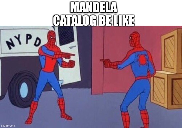 spiderman pointing at spiderman | MANDELA CATALOG BE LIKE | image tagged in spiderman pointing at spiderman | made w/ Imgflip meme maker
