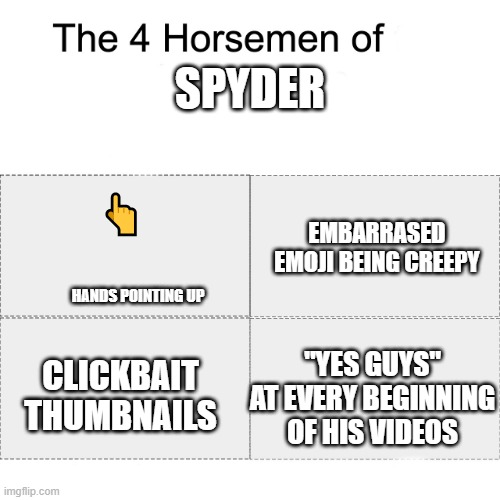 why is spyder everywhere | SPYDER; EMBARRASED EMOJI BEING CREEPY; 👆; HANDS POINTING UP; "YES GUYS" AT EVERY BEGINNING OF HIS VIDEOS; CLICKBAIT THUMBNAILS | image tagged in four horsemen,yes guys,stop reading the tags,oh wow are you actually reading these tags | made w/ Imgflip meme maker