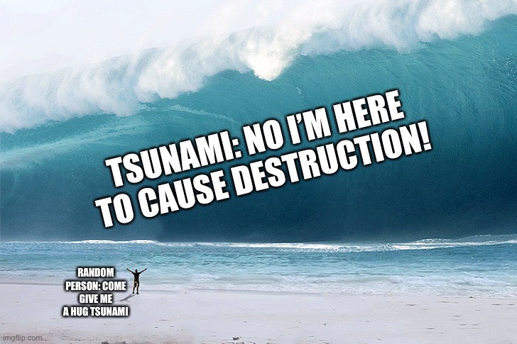 Don’t hug Tsunamis | TSUNAMI: NO I’M HERE TO CAUSE DESTRUCTION! RANDOM PERSON: COME GIVE ME A HUG TSUNAMI | image tagged in tsunami,memes,hug,big waves,natural disasters,no hug | made w/ Imgflip meme maker