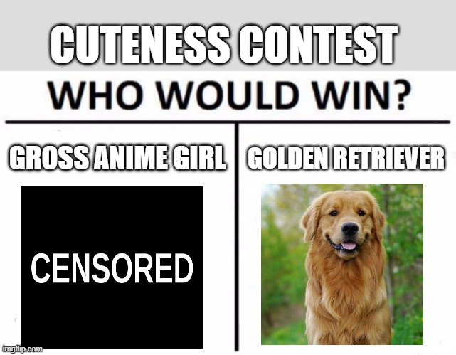 Who Would Win? Meme | CUTENESS CONTEST; GROSS ANIME GIRL; GOLDEN RETRIEVER | image tagged in memes,who would win,golden retriever,censored,cuteness | made w/ Imgflip meme maker