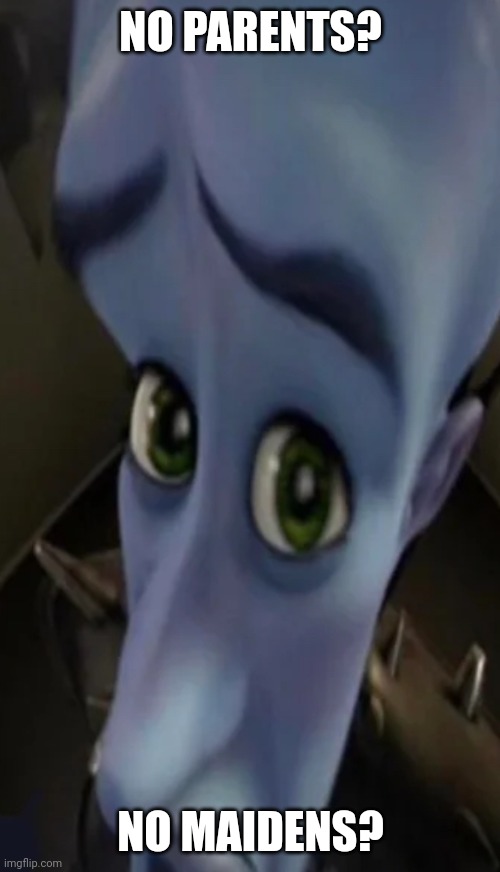 Megamind peeking | NO PARENTS? NO MAIDENS? | image tagged in megamind peeking | made w/ Imgflip meme maker