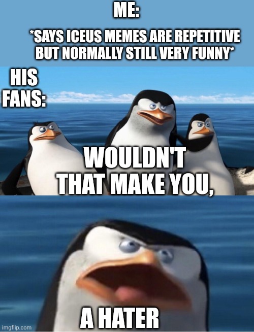 Never got round to posting this but here | ME:; *SAYS ICEUS MEMES ARE REPETITIVE BUT NORMALLY STILL VERY FUNNY*; HIS FANS:; WOULDN'T THAT MAKE YOU, A HATER | image tagged in wouldn't that make you | made w/ Imgflip meme maker