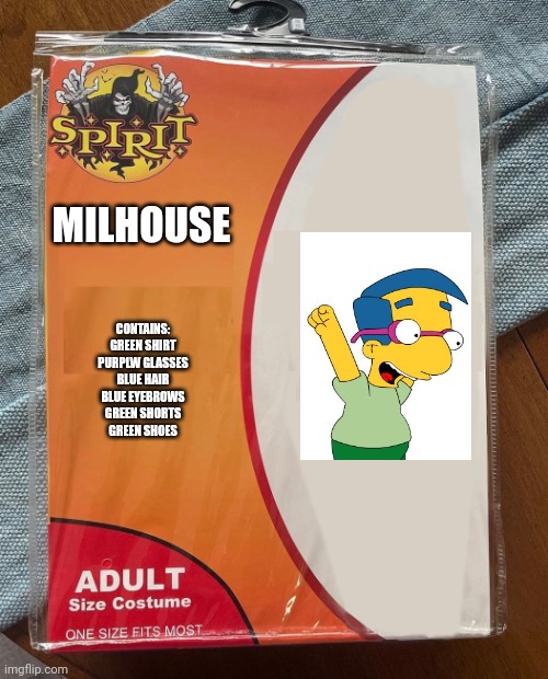 Spirit Halloween Limited Edition Milhouse costume | MILHOUSE; CONTAINS:
GREEN SHIRT
PURPLW GLASSES
BLUE HAIR
BLUE EYEBROWS
GREEN SHORTS
GREEN SHOES | image tagged in spirit halloween,funny,the simpsons,milhouse,costume | made w/ Imgflip meme maker