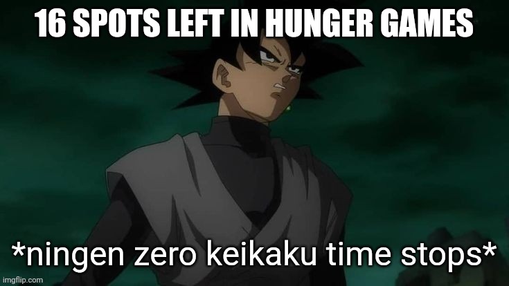 ningen zero keikaku time stops | 16 SPOTS LEFT IN HUNGER GAMES | image tagged in ningen zero keikaku time stops | made w/ Imgflip meme maker
