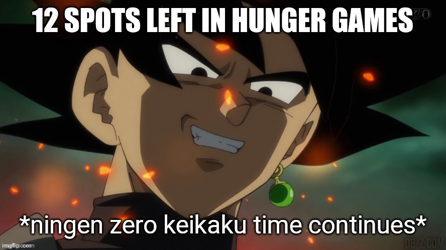 ningen zero keikaku time continues | 12 SPOTS LEFT IN HUNGER GAMES | image tagged in ningen zero keikaku time continues | made w/ Imgflip meme maker
