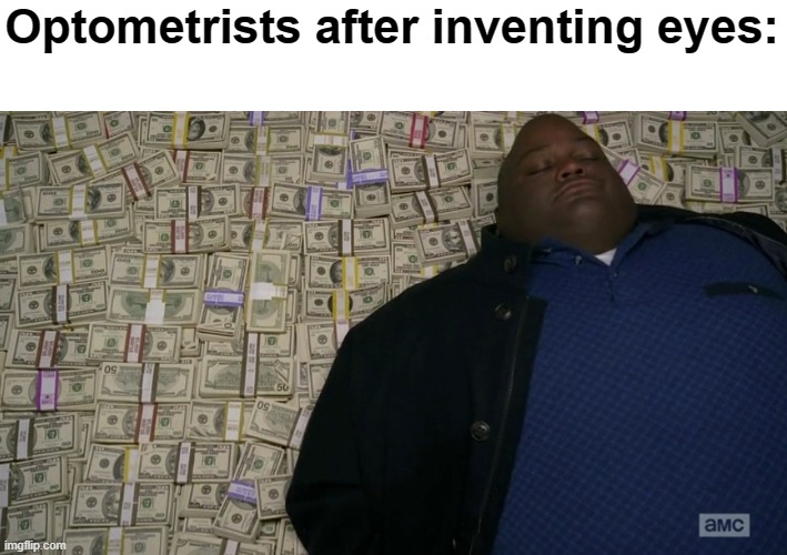 Optometrists | Optometrists after inventing eyes: | image tagged in guy sleeping on pile of money | made w/ Imgflip meme maker