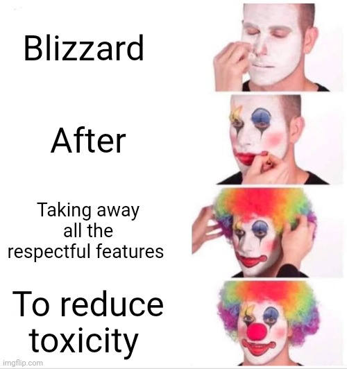 Clown Applying Makeup | Blizzard; After; Taking away all the respectful features; To reduce toxicity | image tagged in memes,clown applying makeup | made w/ Imgflip meme maker