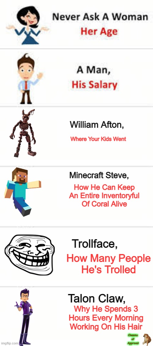 No No No Never Ask | William Afton, Where Your Kids Went; Minecraft Steve, How He Can Keep An Entire Inventoryful Of Coral Alive; Trollface, How Many People He's Trolled; Talon Claw, Why He Spends 3 Hours Every Morning Working On His Hair; Cheems of Approval | image tagged in never ask a woman her age,funny | made w/ Imgflip meme maker