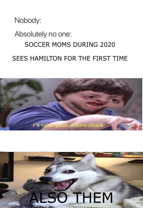 so annoying | SOCCER MOMS DURING 2020
 
SEES HAMILTON FOR THE FIRST TIME; ALSO THEM | image tagged in nobody absolutely no one | made w/ Imgflip meme maker