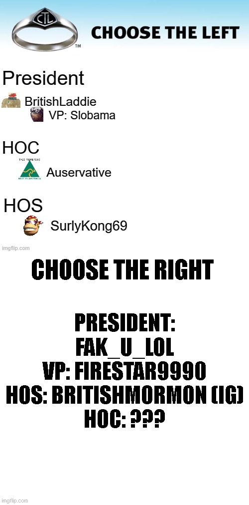 Is it just these two parties? Also, CTR, do you have a HOC? | PRESIDENT: FAK_U_LOL
VP: FIRESTAR9990
HOS: BRITISHMORMON (IG)
HOC: ??? CHOOSE THE RIGHT | made w/ Imgflip meme maker