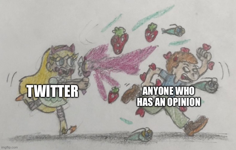 Star Butterfly Chasing Randall Weems | TWITTER; ANYONE WHO HAS AN OPINION | image tagged in star butterfly chasing randall weems,memes,twitter,funny,opinion,ha ha tags go brr | made w/ Imgflip meme maker