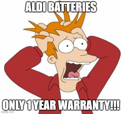 Fry Freaking Out | ALDI BATTERIES; ONLY 1 YEAR WARRANTY!!! | image tagged in fry freaking out | made w/ Imgflip meme maker