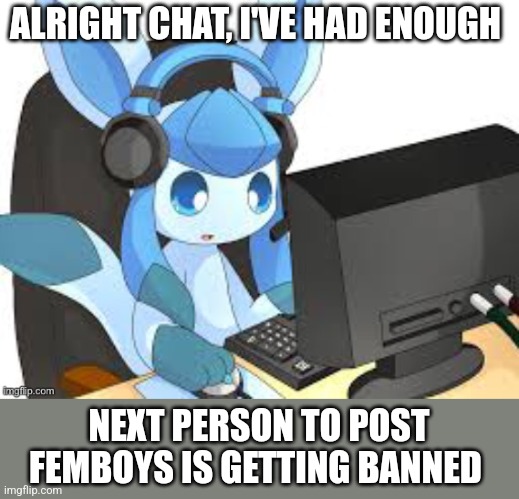 gaming glaceon | ALRIGHT CHAT, I'VE HAD ENOUGH; NEXT PERSON TO POST FEMBOYS IS GETTING BANNED | image tagged in gaming glaceon | made w/ Imgflip meme maker