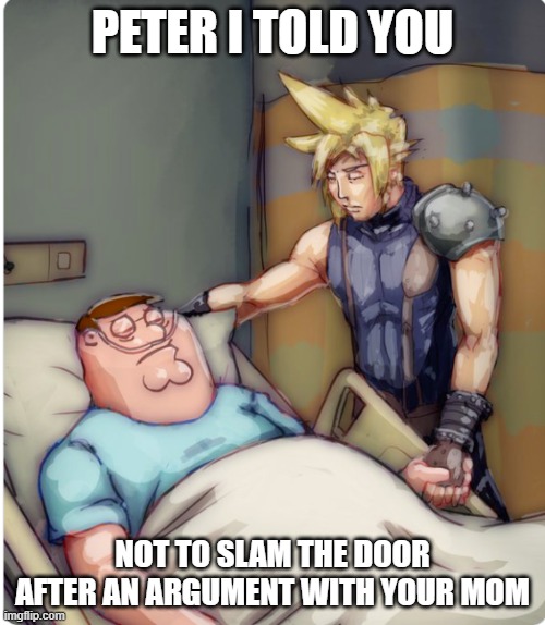 PETER I TOLD YOU | PETER I TOLD YOU; NOT TO SLAM THE DOOR AFTER AN ARGUMENT WITH YOUR MOM | image tagged in peter i told you | made w/ Imgflip meme maker