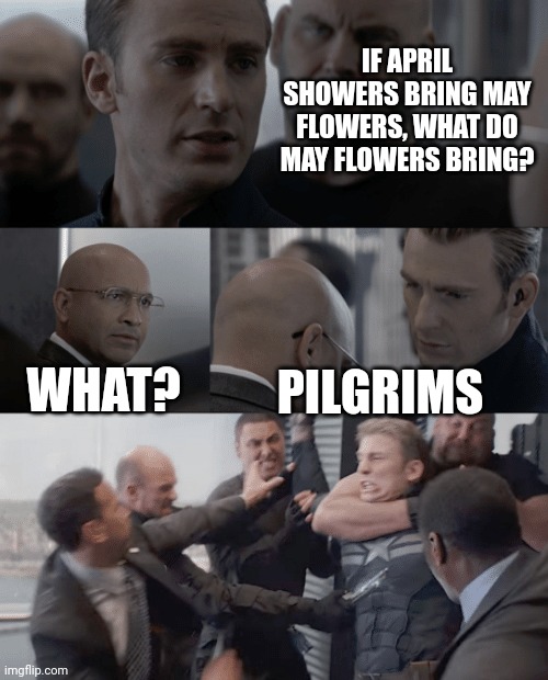 Steve | IF APRIL SHOWERS BRING MAY FLOWERS, WHAT DO MAY FLOWERS BRING? WHAT? PILGRIMS | image tagged in captain america elevator | made w/ Imgflip meme maker