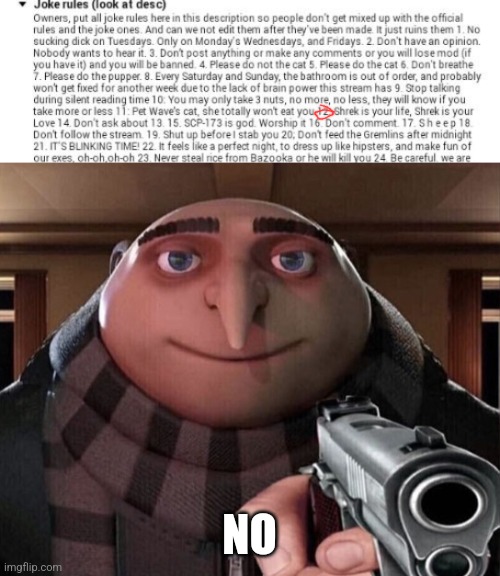 NO | image tagged in gru gun | made w/ Imgflip meme maker