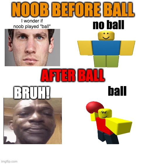 Baller Meme | NOOB BEFORE BALL; I wonder if noob played "ball"; no ball; AFTER BALL; ball; BRUH! | image tagged in blank white template,memes,roblox,baller,original meme | made w/ Imgflip meme maker