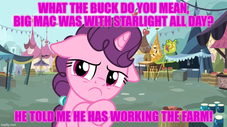 Mlp background | WHAT THE BUCK DO YOU MEAN, BIG MAC WAS WITH STARLIGHT ALL DAY? HE TOLD ME HE HAS WORKING THE FARM! | image tagged in mlp background | made w/ Imgflip meme maker