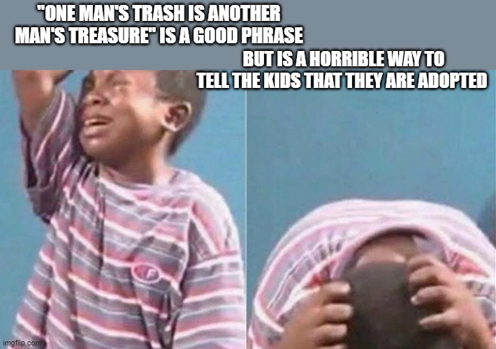 never do this | "ONE MAN'S TRASH IS ANOTHER MAN'S TREASURE" IS A GOOD PHRASE; BUT IS A HORRIBLE WAY TO TELL THE KIDS THAT THEY ARE ADOPTED | image tagged in crying black kid | made w/ Imgflip meme maker