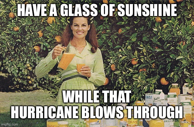 Anita Bryant | HAVE A GLASS OF SUNSHINE WHILE THAT HURRICANE BLOWS THROUGH | image tagged in anita bryant | made w/ Imgflip meme maker