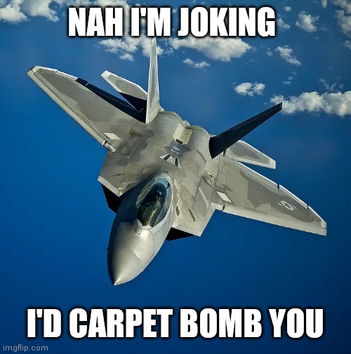 F22 | NAH I'M JOKING I'D CARPET BOMB YOU | image tagged in f22 | made w/ Imgflip meme maker