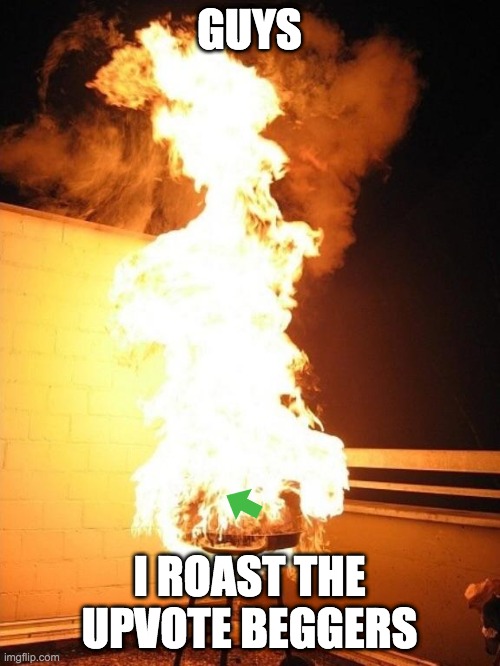 ROAST THOSE UPVOTE BEGGARS! | GUYS; I ROAST THE UPVOTE BEGGERS | image tagged in bbq grill on fire,roasted,roast,damnnnn you got roasted,upvote beggars | made w/ Imgflip meme maker