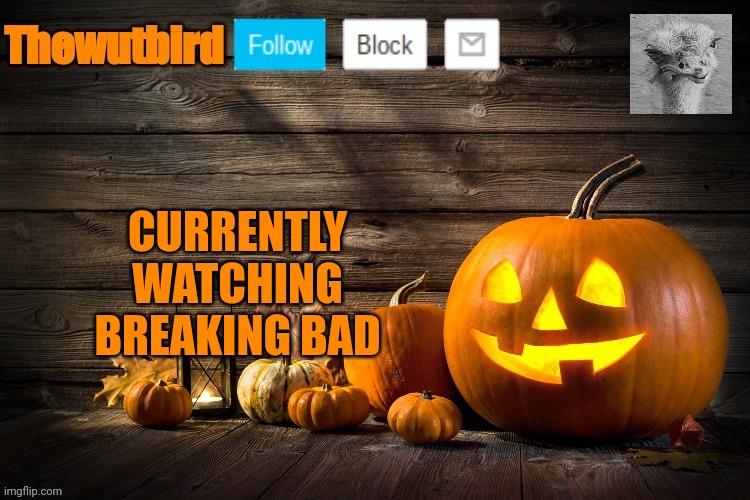 Wutbird Halloween announcement | CURRENTLY WATCHING BREAKING BAD | image tagged in wutbird halloween announcement,bored | made w/ Imgflip meme maker