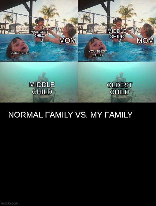normal famiy vs my family | NORMAL FAMILY VS. MY FAMILY | image tagged in mother ignoring kid drowning in a pool,expectation vs reality,lol so funny | made w/ Imgflip meme maker