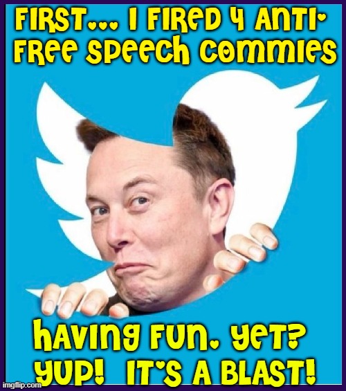 Got money?  Put it to good use.  Let that sink in! | FIRST... I FIRED 4 ANTI- 
FREE SPEECH COMMIES; HAVING FUN, YET? 
YUP!  IT'S A BLAST! | image tagged in vince vance,twitter,elon musk,tweet,twitter birds says,memes | made w/ Imgflip meme maker