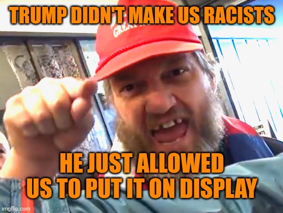 angry trumper | TRUMP DIDN'T MAKE US RACISTS; HE JUST ALLOWED US TO PUT IT ON DISPLAY | image tagged in angry trumper | made w/ Imgflip meme maker