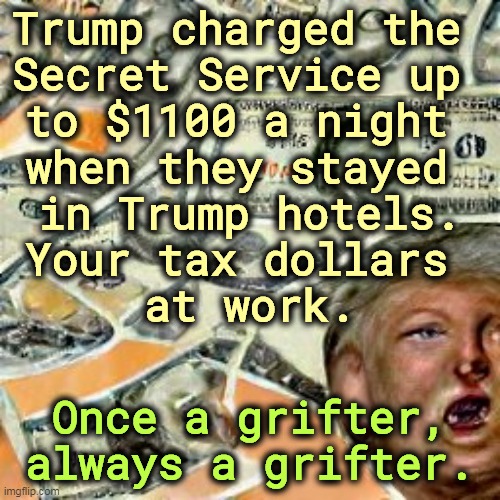 From your 1040 to Trump's pockets. | Trump charged the 
Secret Service up 
to $1100 a night 
when they stayed 
in Trump hotels.
Your tax dollars 
at work. Once a grifter, always a grifter. | image tagged in trump,greedy,secret service,hotel | made w/ Imgflip meme maker