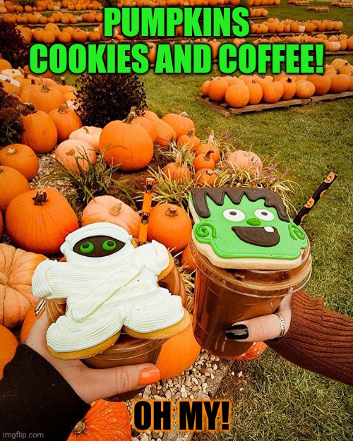 LOOKS AMAZING! | PUMPKINS COOKIES AND COFFEE! OH MY! | image tagged in cookies,halloween,pumpkins,coffee,spooktober | made w/ Imgflip meme maker