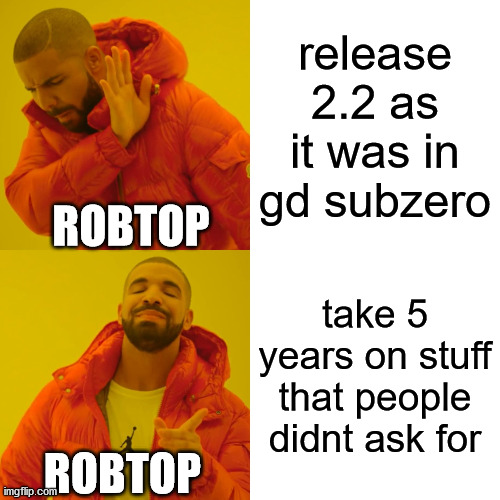 Drake Hotline Bling Meme | release 2.2 as it was in gd subzero; ROBTOP; take 5 years on stuff that people didnt ask for; ROBTOP | image tagged in memes,drake hotline bling,geometry dash | made w/ Imgflip meme maker