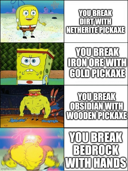 You when breaking blocks | YOU BREAK DIRT WITH NETHERITE PICKAXE; YOU BREAK IRON ORE WITH GOLD PICKAXE; YOU BREAK OBSIDIAN WITH WOODEN PICKAXE; YOU BREAK BEDROCK WITH HANDS | image tagged in sponge finna commit muder,minecraft,spongebob strong | made w/ Imgflip meme maker