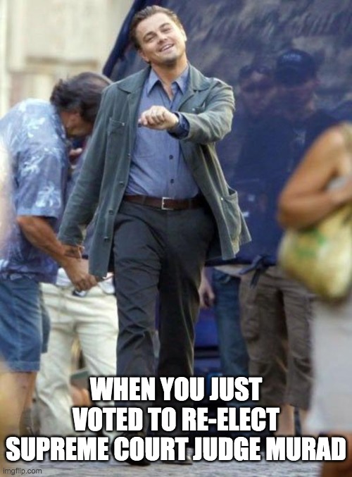 Dicaprio walking | WHEN YOU JUST VOTED TO RE-ELECT SUPREME COURT JUDGE MURAD | image tagged in dicaprio walking | made w/ Imgflip meme maker