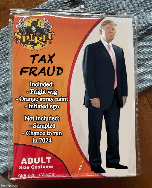 A recycled version of last year's "Traitor" costume. | TAX FRAUD; Included:
- Fright wig
- Orange spray paint
- Inflated ego; Not included:
- Scruples
- Chance to run
in 2024 | image tagged in spirit halloween,memes,trump tax fraud | made w/ Imgflip meme maker