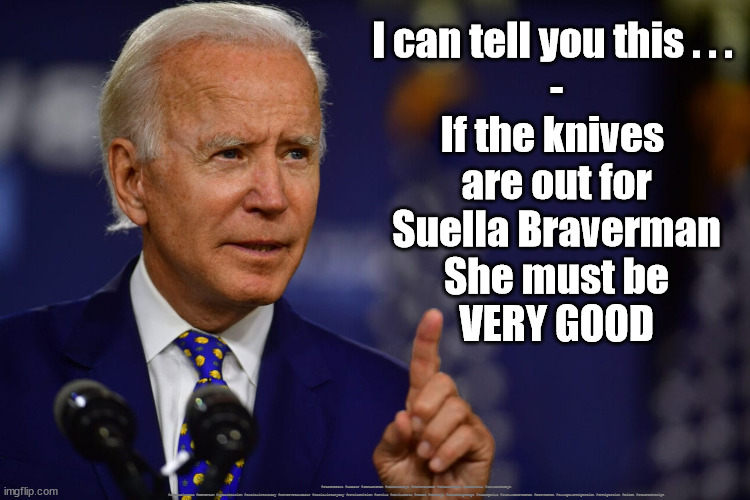 Biden - UK Illegal Immigration | I can tell you this . . . 
-
If the knives 
are out for
Suella Braverman
She must be
VERY GOOD; #Starmerout #Labour #JonLansman #wearecorbyn #KeirStarmer #DianeAbbott #McDonnell #cultofcorbyn #labourisdead #Momentum #labourracism #socialistsunday #nevervotelabour #socialistanyday #Antisemitism #Savile #SavileGate #Paedo #Worboys #GroomingGangs #Paedophile #SuellaBraverman #Braverman #IllegalImmigration #Immigration #Biden #StarmerResign | image tagged in president biden,illegal immigration,suella braverman,labourisdead,starmerout getstarmerout,cultofcorbyn | made w/ Imgflip meme maker