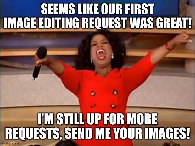 Hey everyone! | SEEMS LIKE OUR FIRST IMAGE EDITING REQUEST WAS GREAT! I’M STILL UP FOR MORE REQUESTS, SEND ME YOUR IMAGES! | image tagged in memes,oprah you get a | made w/ Imgflip meme maker