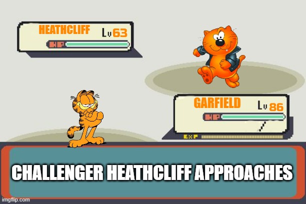 garfield vs heathcliff pokemon battle | HEATHCLIFF; 63; GARFIELD; 86; CHALLENGER HEATHCLIFF APPROACHES | image tagged in pokemon battle,cats,garfield | made w/ Imgflip meme maker
