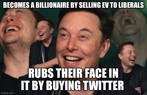 Genius or a troll? | BECOMES A BILLIONAIRE BY SELLING EV TO LIBERALS; RUBS THEIR FACE IN IT BY BUYING TWITTER | image tagged in elon musk laughing | made w/ Imgflip meme maker